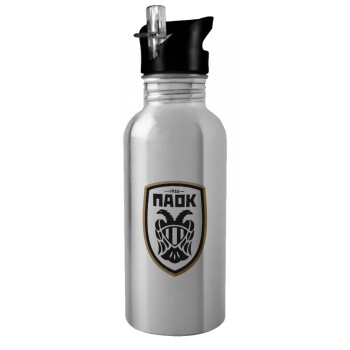 ΠΑΟΚ, Water bottle Silver with straw, stainless steel 600ml