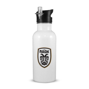 ΠΑΟΚ, White water bottle with straw, stainless steel 600ml