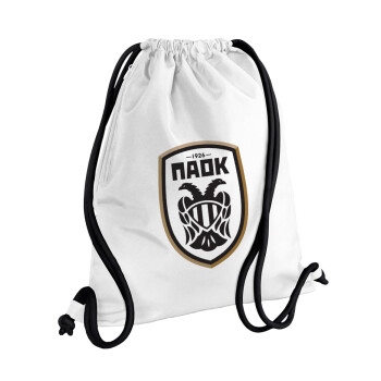 ΠΑΟΚ, Τσάντα πλάτης πουγκί GYMBAG λευκή, με τσέπη (40x48cm) & χονδρά κορδόνια