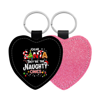 Dear santa they're the naughty , Μπρελόκ PU δερμάτινο glitter καρδιά ΡΟΖ