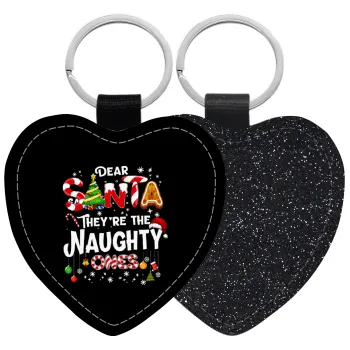 Dear santa they're the naughty , Μπρελόκ PU δερμάτινο glitter καρδιά ΜΑΥΡΟ