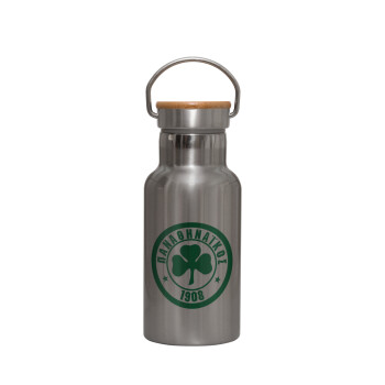 ΠΑΟ Παναθηναϊκός, Stainless steel metallic thermos flask, silver with a bamboo lid, double-walled, 350ml.
