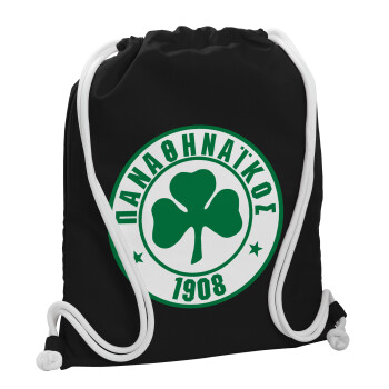 ΠΑΟ Παναθηναϊκός, Τσάντα πλάτης πουγκί GYMBAG Μαύρη, με τσέπη (40x48cm) & χονδρά λευκά κορδόνια