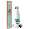Easter Set, metallic stainless steel water bottle (750ml) & aromatic flat Easter candle (30cm) (TURQUOISE)