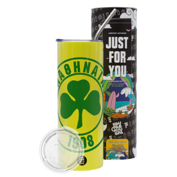 ΠΑΟ Παναθηναϊκός, Neon Yellow Travel Tumbler θερμό, μεταλλικό καλαμάκι(Ανωξείδωτο 304 Food grade, BPA free, 600ml)