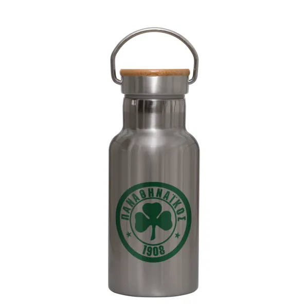 ΠΑΟ Παναθηναϊκός — Stainless steel metallic thermos flask, silver with a bamboo lid, double-walled, 350ml.