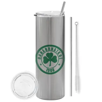 ΠΑΟ Παναθηναϊκός, Tumbler stainless steel Silver 600ml, with metal straw & cleaning brush