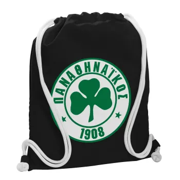 ΠΑΟ Παναθηναϊκός, Τσάντα πλάτης πουγκί GYMBAG Μαύρη, με τσέπη (40x48cm) & χονδρά λευκά κορδόνια