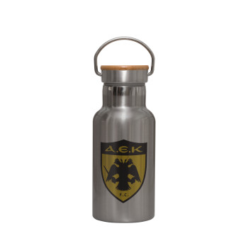 ΑΕΚ, Stainless steel metallic thermos flask, silver with a bamboo lid, double-walled, 350ml.