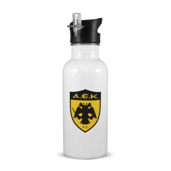 ΑΕΚ, White water bottle with straw, stainless steel 600ml