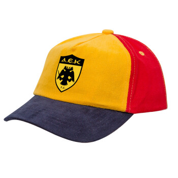 ΑΕΚ, Καπέλο παιδικό Baseball, 100% Βαμβακερό, Low profile, Κίτρινο/Μπλε/Κόκκινο