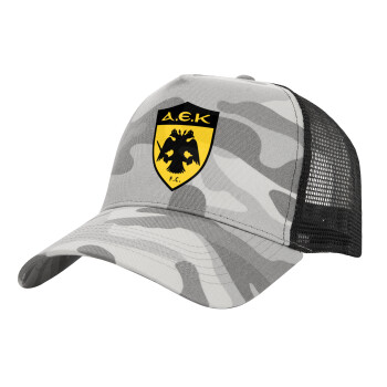 ΑΕΚ, Adult Structured Trucker Hat, with Mesh, (Camouflage) Army Camo (100% COTTON, ADULT, UNISEX, ONE SIZE)