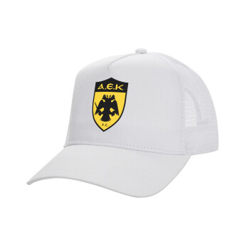 ΑΕΚ, Structured Trucker Adult Hat, with Mesh, WHITE (100% COTTON, ADULT, UNISEX, ONE SIZE)