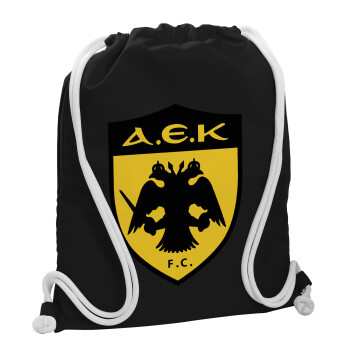 ΑΕΚ, Τσάντα πλάτης πουγκί GYMBAG Μαύρη, με τσέπη (40x48cm) & χονδρά λευκά κορδόνια