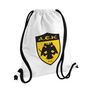 ΑΕΚ, Τσάντα πλάτης πουγκί GYMBAG λευκή, με τσέπη (40x48cm) & χονδρά κορδόνια