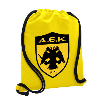 ΑΕΚ, Τσάντα πλάτης πουγκί GYMBAG Κίτρινη, με τσέπη (40x48cm) & χονδρά κορδόνια