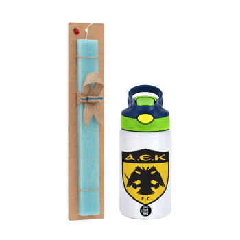 ΑΕΚ, Easter Set, Children's thermal stainless steel bottle with safety straw, green/blue (350ml) & aromatic flat Easter candle (30cm) (TURQUOISE)