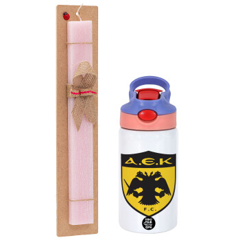 ΑΕΚ, Easter Set, Children's thermal stainless steel water bottle with safety straw, pink/purple (350ml) & Easter scented flat candle (30cm) (PINK)