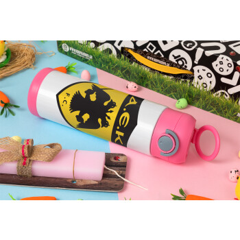 ΑΕΚ, Πασχαλινή Λαμπάδα με Παιδικό παγούρι θερμό, ανοξείδωτο, με καλαμάκι ασφαλείας, ΡΟΖ (500ml)