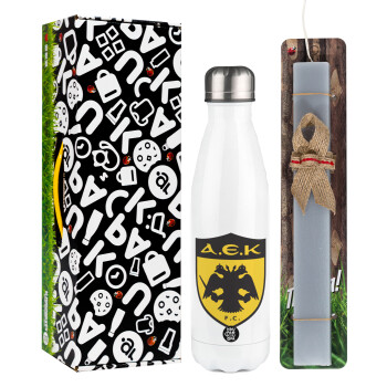 ΑΕΚ, Easter candle, metallic white thermos bottle (500ml) & aromatic flat candle (30cm) (GRAY)