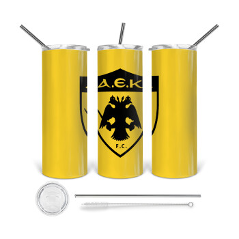 ΑΕΚ, Tumbler ποτήρι θερμό από ανοξείδωτο ατσάλι 600ml, με μεταλλικό καλαμάκι & βούρτσα καθαρισμού