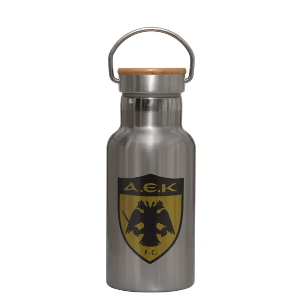 ΑΕΚ — Stainless steel metallic thermos flask, silver with a bamboo lid, double-walled, 350ml.