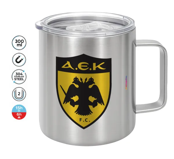 ΑΕΚ — Double-walled stainless steel mug 300ml with temperature-retaining lid
