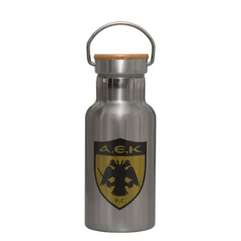ΑΕΚ, Stainless steel metallic thermos flask, silver with a bamboo lid, double-walled, 350ml.