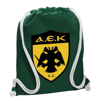 ΑΕΚ, Τσάντα πλάτης πουγκί GYMBAG BOTTLE GREEN, με τσέπη (40x48cm) & χονδρά λευκά κορδόνια