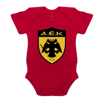 ΑΕΚ, Βρεφικό φορμάκι μωρού, ΚΟΚΚΙΝΟ, 100% Organic Cotton, κοντομάνικο