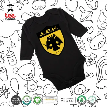 ΑΕΚ, Μακρυμάνικο βρεφικό φορμάκι, 0-18 μηνών, ΜΑΥΡΟ, 100% Organic Cotton