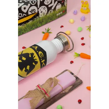 ΑΕΚ, Πασχαλινή Λαμπάδα με παγούρι μεταλλικό (620ml, stainless steel) & κερί αρωματικό πλακέ (30cm) (ΡΟΖ)