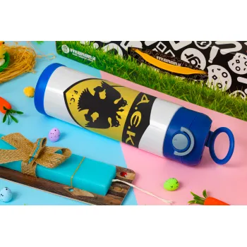 ΑΕΚ, Easter candle, Childrens hot water bottle, stainless steel, with safety straw, BLUE (500ml)