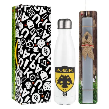 ΑΕΚ, Easter candle, metallic white thermos bottle (500ml) & aromatic flat candle (30cm) (GRAY)