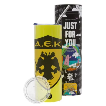 ΑΕΚ, Neon Yellow Travel Tumbler θερμό, μεταλλικό καλαμάκι(Ανωξείδωτο 304 Food grade, BPA free, 600ml)