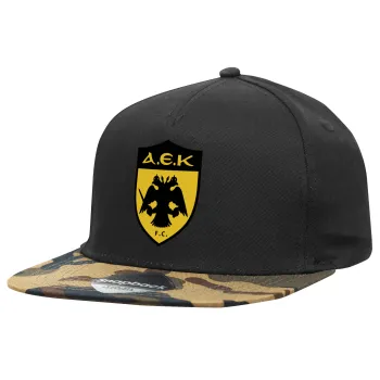 ΑΕΚ, Καπέλο Ενηλίκων Flat Snapback Μαύρο/Παραλλαγή, (100% ΒΑΜΒΑΚΕΡΟ TWILL, ΕΝΗΛΙΚΩΝ, UNISEX, ONE SIZE)