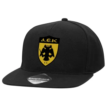 ΑΕΚ, Καπέλο Ενηλίκων Flat Snapback Μαύρο, (100% ΒΑΜΒΑΚΕΡΟ TWILL, ΕΝΗΛΙΚΩΝ, UNISEX, ONE SIZE)