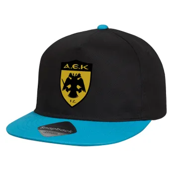 ΑΕΚ, Child's Flat Snapback Hat, Black/Blue (100% COTTON, CHILD, UNISEX, ONE SIZE)