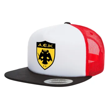 ΑΕΚ, Adult Foam Flat Snapback with Mesh Black-White-Red (POLYESTER, ADULT, UNISEX, ONE SIZE)