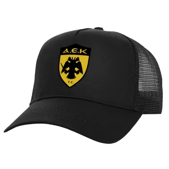 ΑΕΚ, Structured Trucker Adult Hat, with Mesh, Black (100% COTTON, ADULT, UNISEX, ONE SIZE)