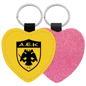 ΑΕΚ, Μπρελόκ PU δερμάτινο glitter καρδιά ΡΟΖ