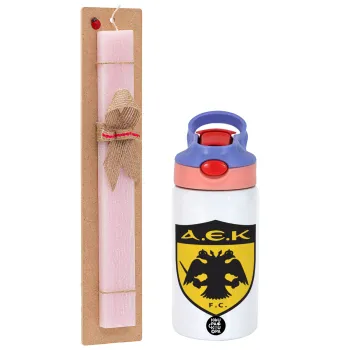 ΑΕΚ, Easter Set, Children's thermal stainless steel water bottle with safety straw, pink/purple (350ml) & Easter scented flat candle (30cm) (PINK)