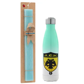 ΑΕΚ, Easter Set, Metallic green/white thermos (Stainless steel), double-walled, 500ml & scented flat Easter candle (30cm) (TURQUOISE)