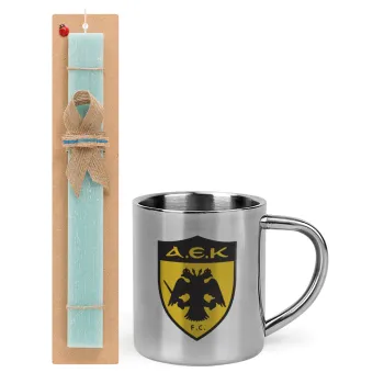 ΑΕΚ, Easter Set, metallic thermal cup (300ml) & aromatic flat Easter candle (30cm) (TURQUOISE)