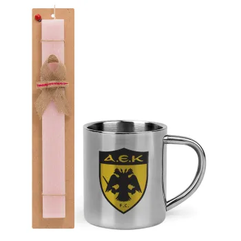 ΑΕΚ, Easter Set, metallic thermal cup (300ml) & aromatic flat Easter candle (30cm) (PINK)