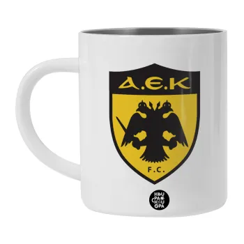 ΑΕΚ, Λευκή Ανοξείδωτη Μεταλλική Κούπα 450ml - Διπλού Τοιχώματος 