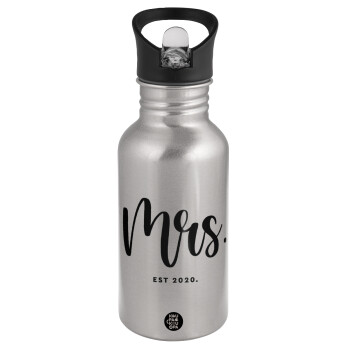 Mr & Mrs (Mrs), Water bottle Silver with straw, stainless steel 500ml