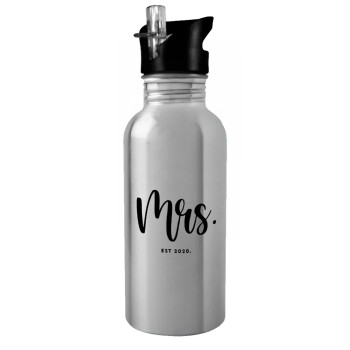 Mr & Mrs (Mrs), Water bottle Silver with straw, stainless steel 600ml