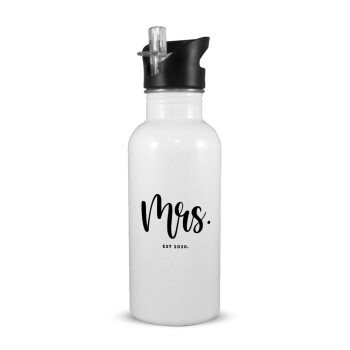 Mr & Mrs (Mrs), White water bottle with straw, stainless steel 600ml