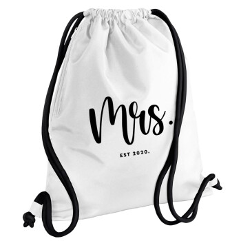 Mr & Mrs (Mrs), Backpack pouch GYMBAG white, with pocket (40x48cm) & thick cords